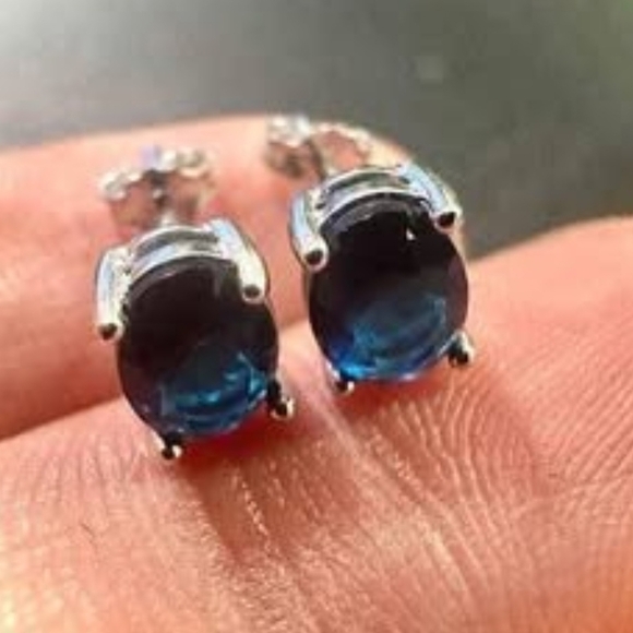 Blue Sapphire Earrings Stud Silver Earrings 7x4MM Oval Sapphire Sterling Silver - Picture 6 of 9
